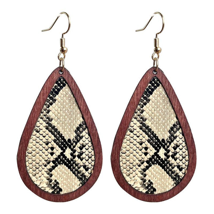 Water Drop Snake Skin Pattern Leather Wood Frame Earrings