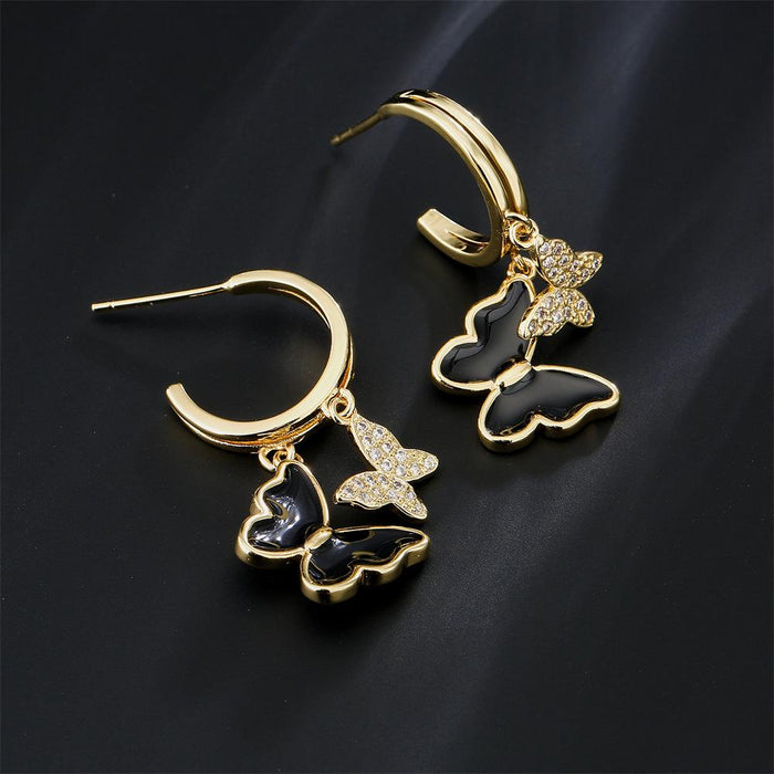 Light Luxury Oil Drop Gold Color Zircon Butterfly Earrings