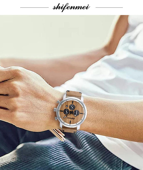 New Multifunctional Timing Fashion Sports Quartz Wood Watch Men