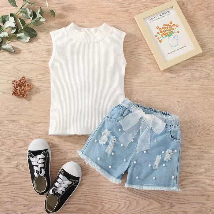 Sleeveless pit strip children's suit denim shorts two-piece set