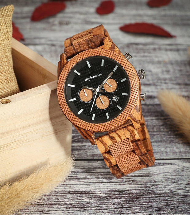 New Fashion Simple Men's Multifunctional Three Needle Wooden Watch