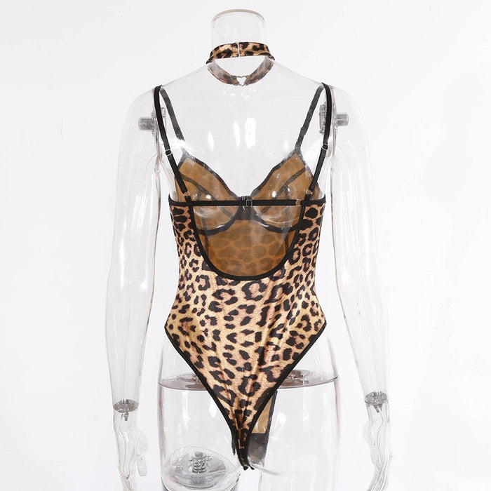 Sexy Leopard Print Bodysuit One-piece Lingerie with Choker