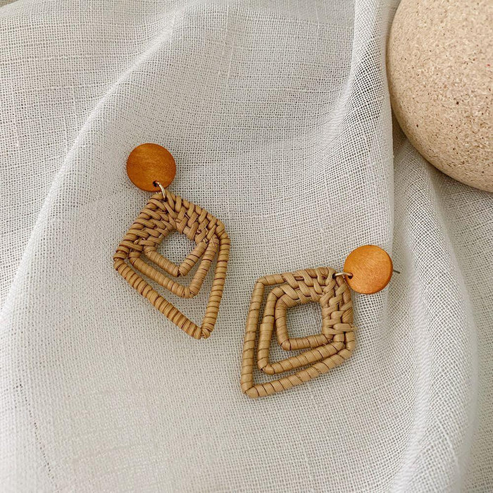 Wooden Handmade Rattan Geometric Earrings Female