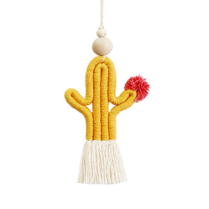 Hand Woven Cactus Pendant Cotton Rope Wood Bead Tassel Pendant