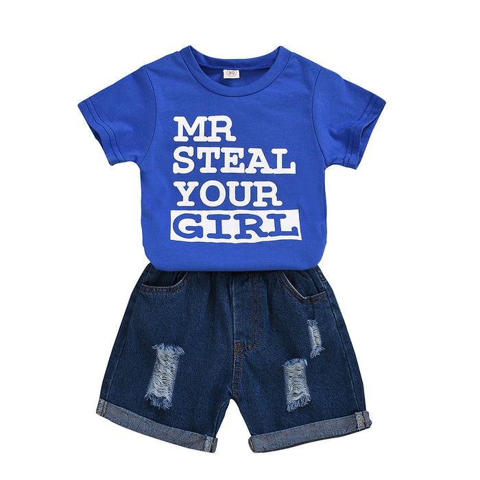Boys' short sleeved denim hole shorts two-piece set