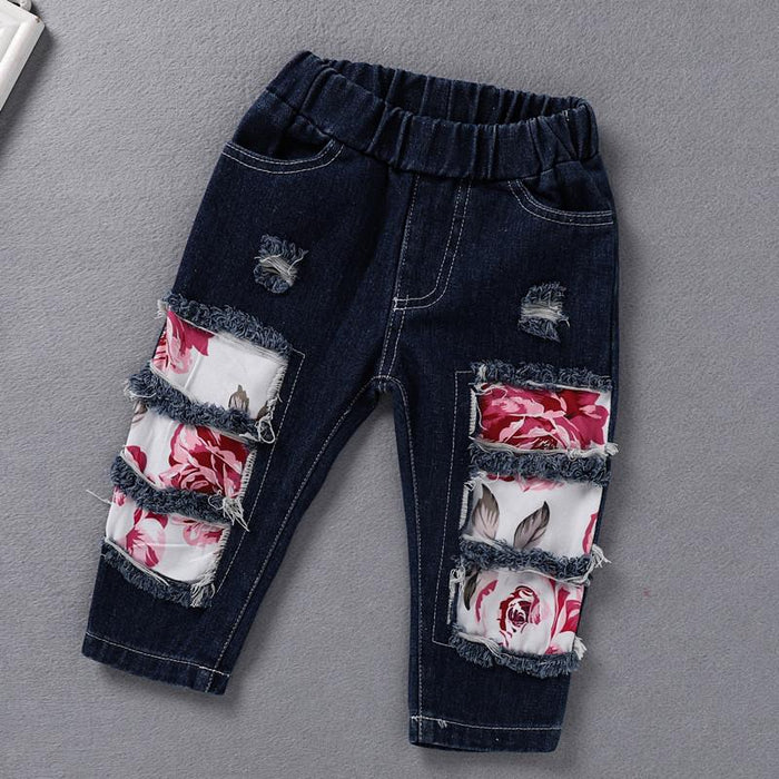 Solid color long sleeved shirt sun printed denim perforated pants hair band three piece set