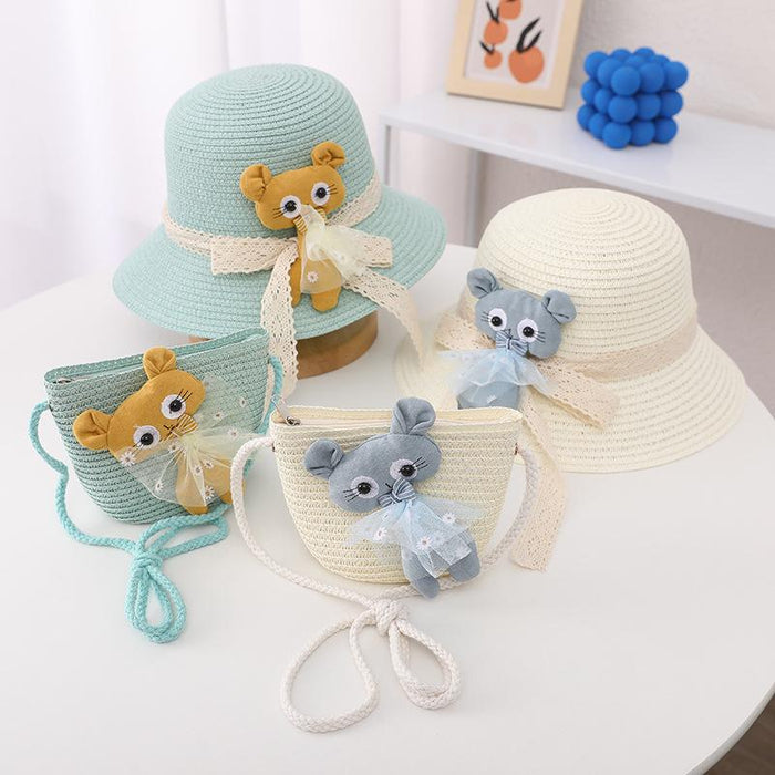 Summer Trendy Lace Cat Children's Grass Bucket Hat Bag Set