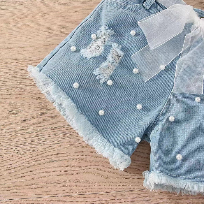 Sleeveless pit strip children's suit denim shorts two-piece set