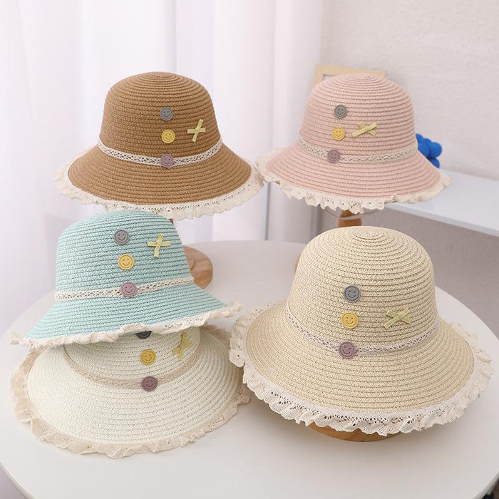 Trendy Three-color Button Children's Lace Straw Hat Bag Set