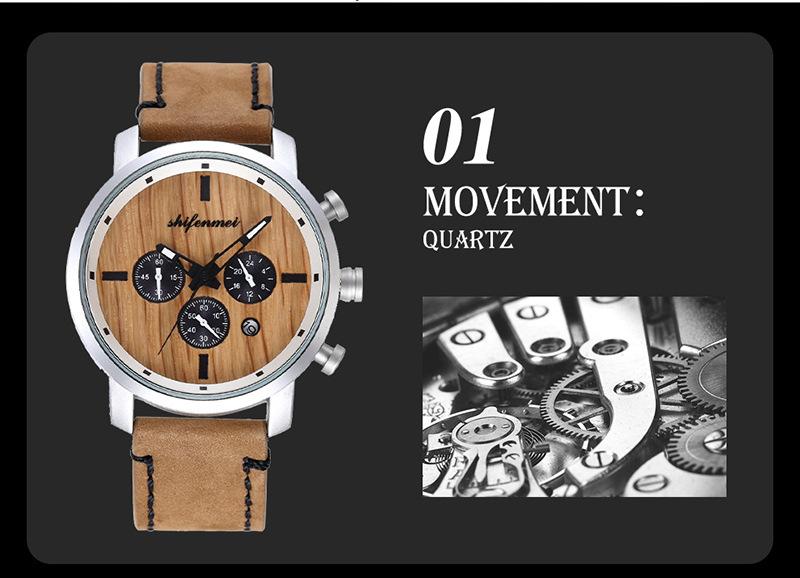 New Multifunctional Timing Fashion Sports Quartz Wood Watch Men