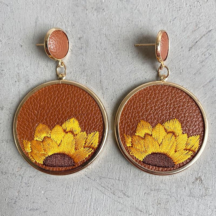 Leather Embroidered Sunflower Earrings