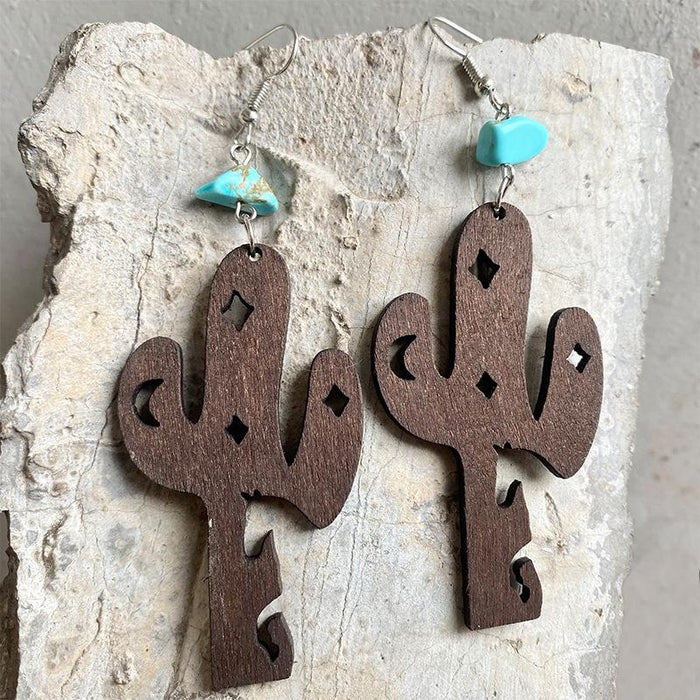 Western Cowboy Turquoise Wood Cactus Women's Earrings