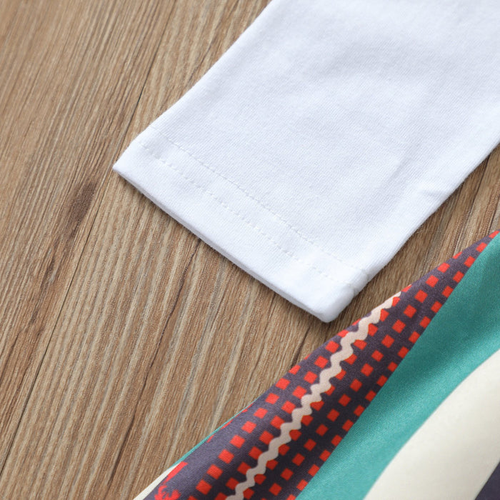 White letter deer long sleeved Khaki creeper striped suspender skirt