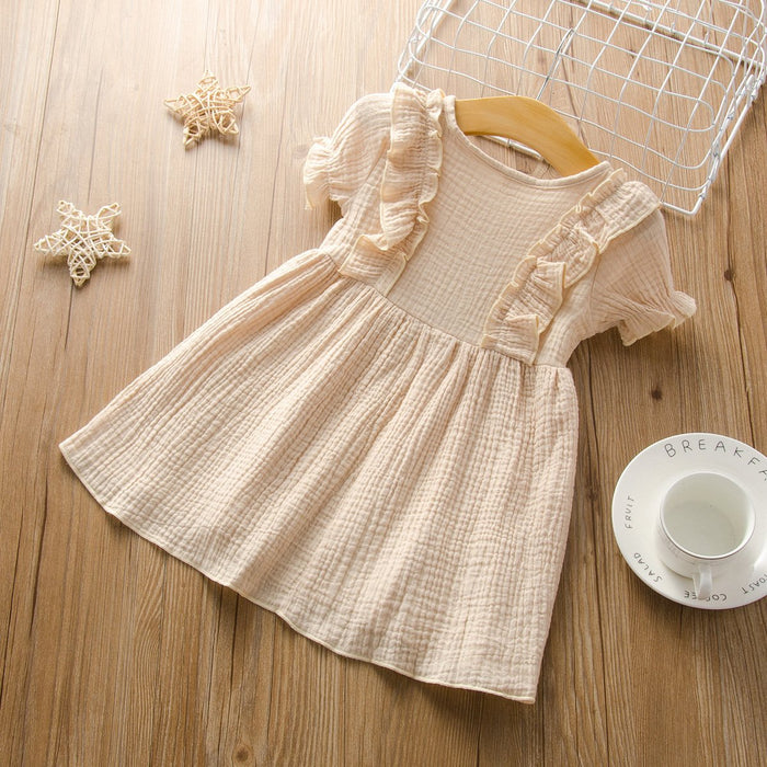 Cotton linen short sleeve stitched girls dress