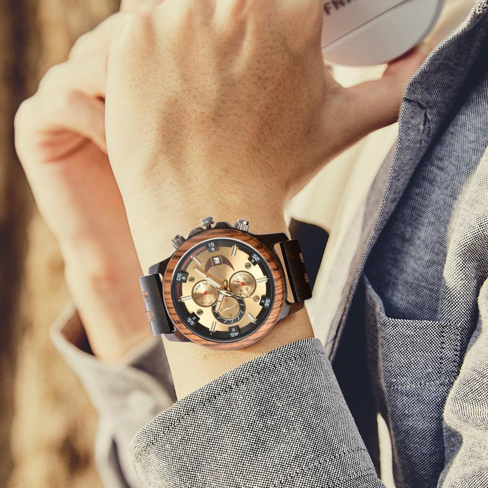 New Men's Business Multifunctional Luminous Wooden Quartz Watch
