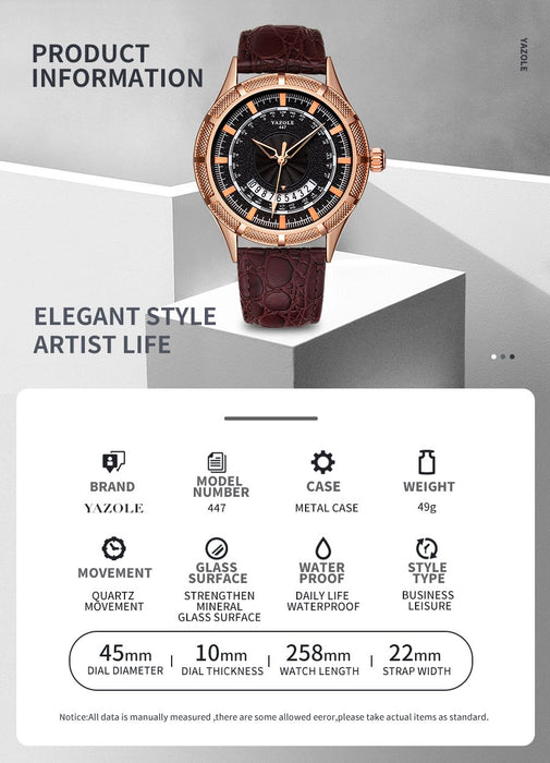 Fashion Casual Mens Watches Top Brand Luxury YAZOLE Waterproof Calendar Designer Business Watches