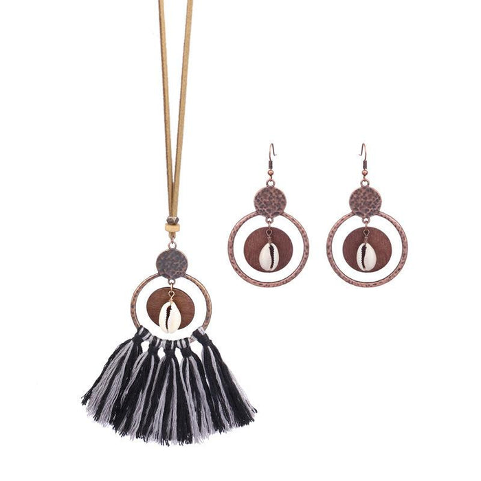 Women's Fashion Hollow Out Tassel Pendant Earring Necklace Set