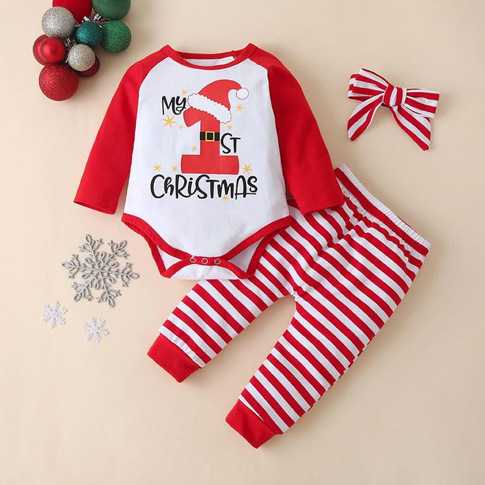 Printed letter Long Sleeve Striped triangle Khaki creeper pants three piece set