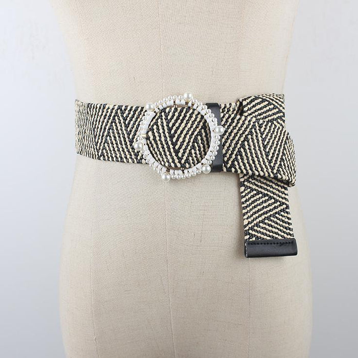 Women's Round Buckle Leisure PP Grass Woven Belt