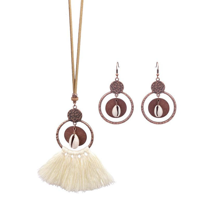 Women's Fashion Hollow Out Tassel Pendant Earring Necklace Set