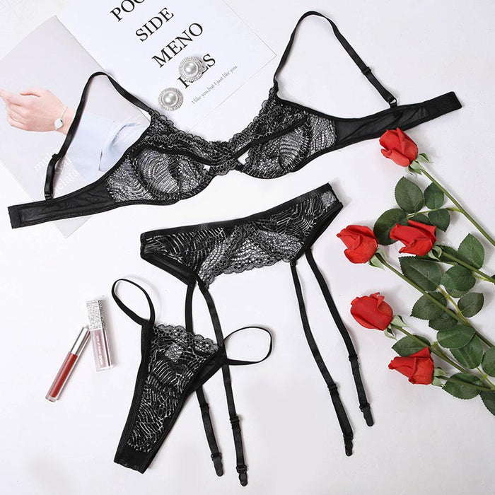 Sexy Lace Lingerie Embroidered Underwear Three Piece Set