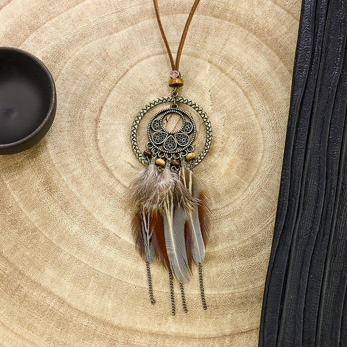 Boho Vintage Feather Tassel Dream Catcher Necklace