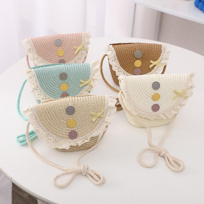 Trendy Three-color Button Children's Lace Straw Hat Bag Set