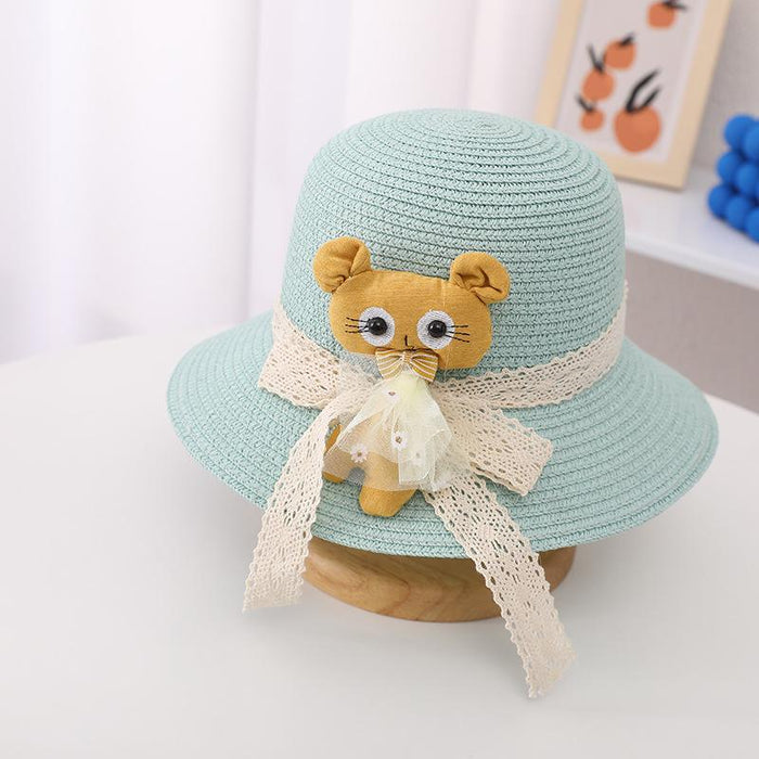Summer Trendy Lace Cat Children's Grass Bucket Hat Bag Set