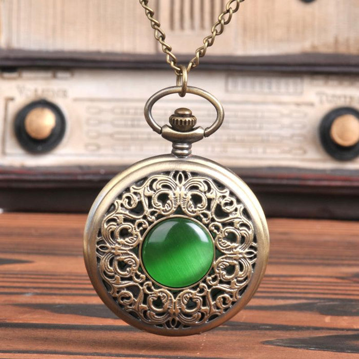 Carved Hollow Flip Emerald Pocket Watch LL3706