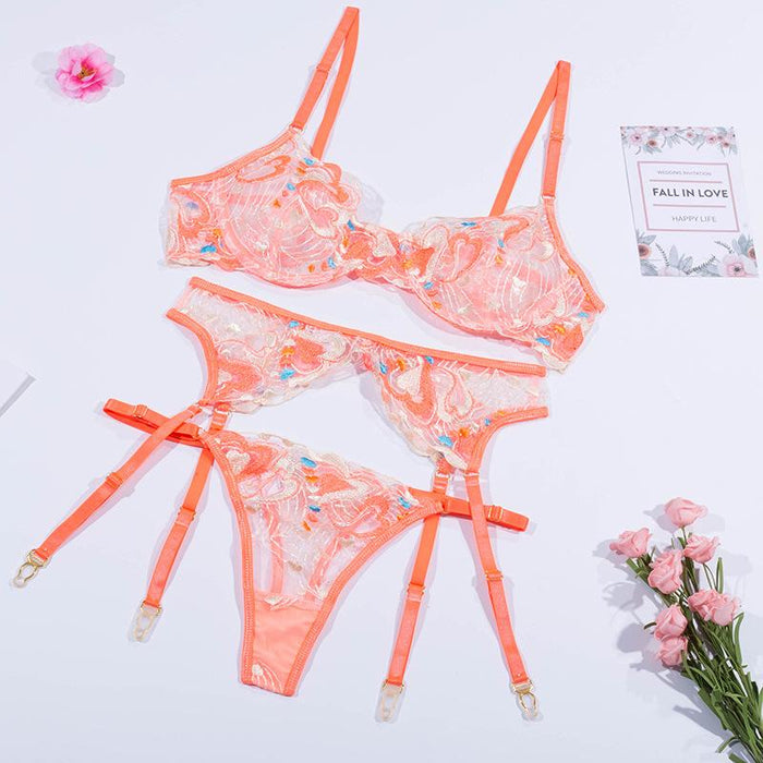 Summer Sexy Lingerie Embroidered Mesh Underwear Set