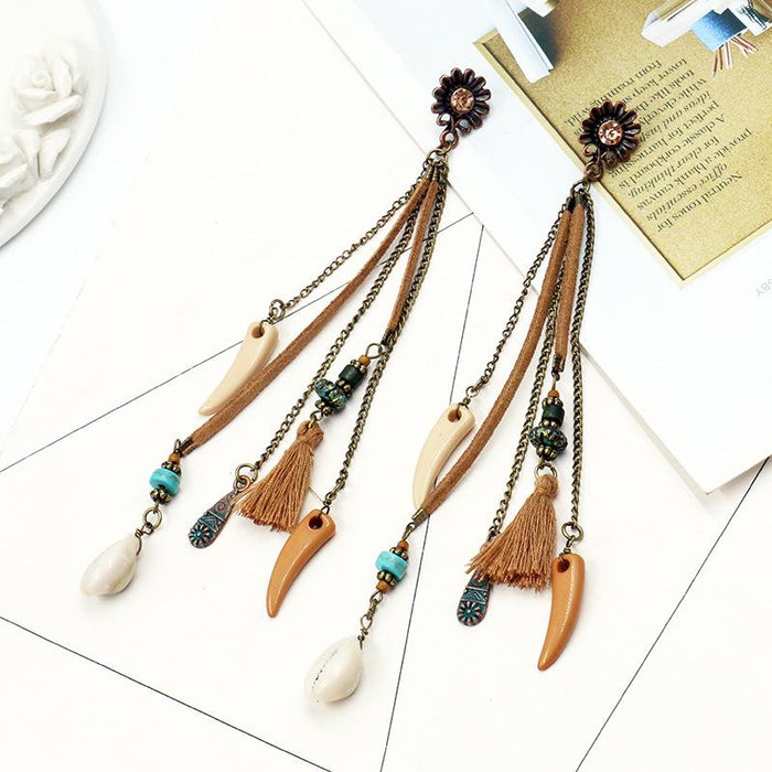 Women's Bohemian Shell Horns Sunflower Tassel Earrings