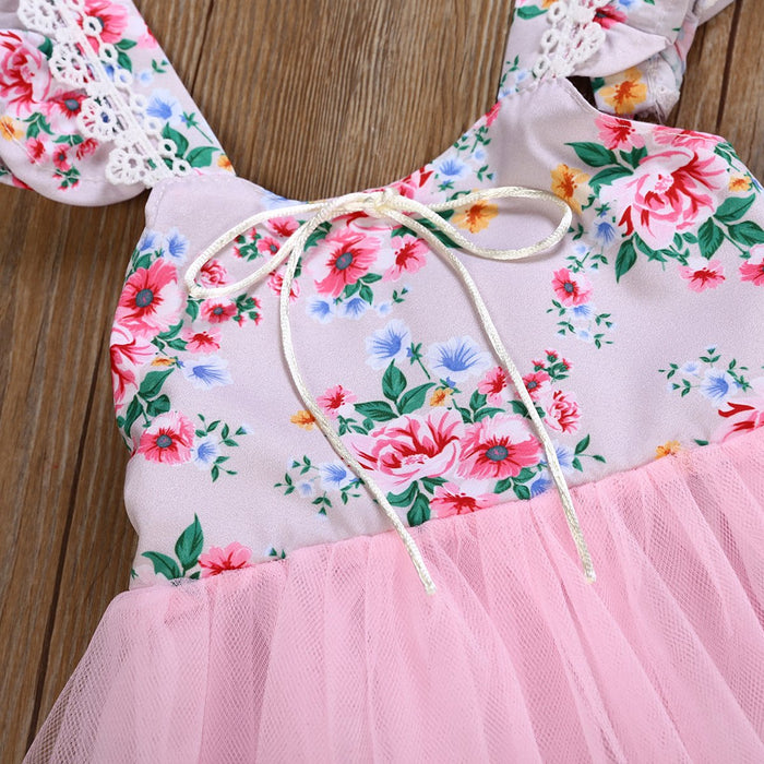 Girls' dress high-grade atmospheric pink flying sleeve floral mesh skirt