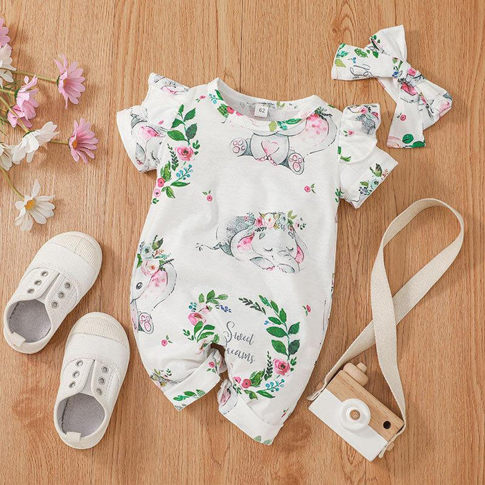 Printed Short Sleeved Baby Jumpsuit Headband Set