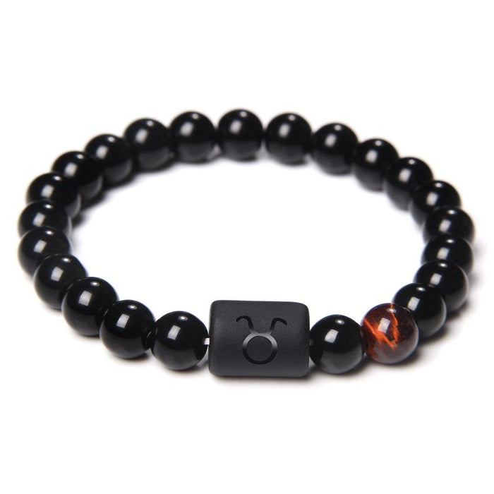 12 Constellation Natural Black Onyx Stone Elastic Bracelet