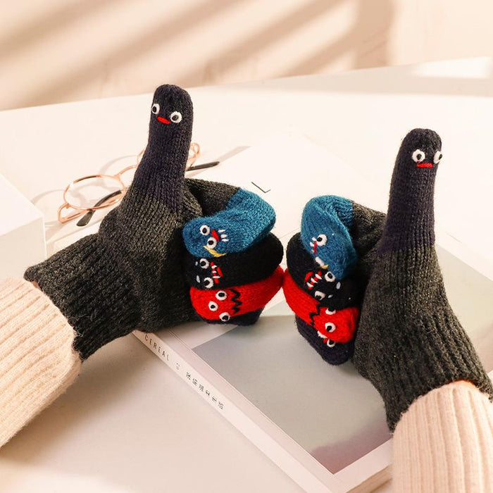 Knitted wool gloves women cute cute cute funny face Japanese autumn and winter touch screen warm five fingers driving cold