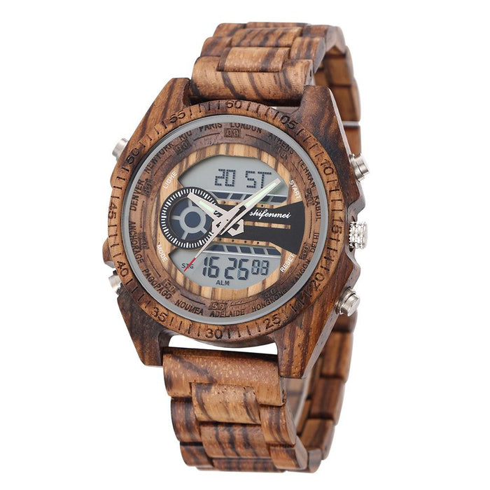 New LCD Dual Display Electronic Outdoor Sports Luminous Wooden Watch