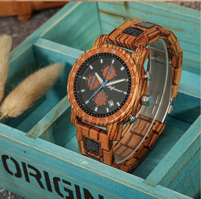 Men's Sports Multifunctional Wood Business Quartz Watch
