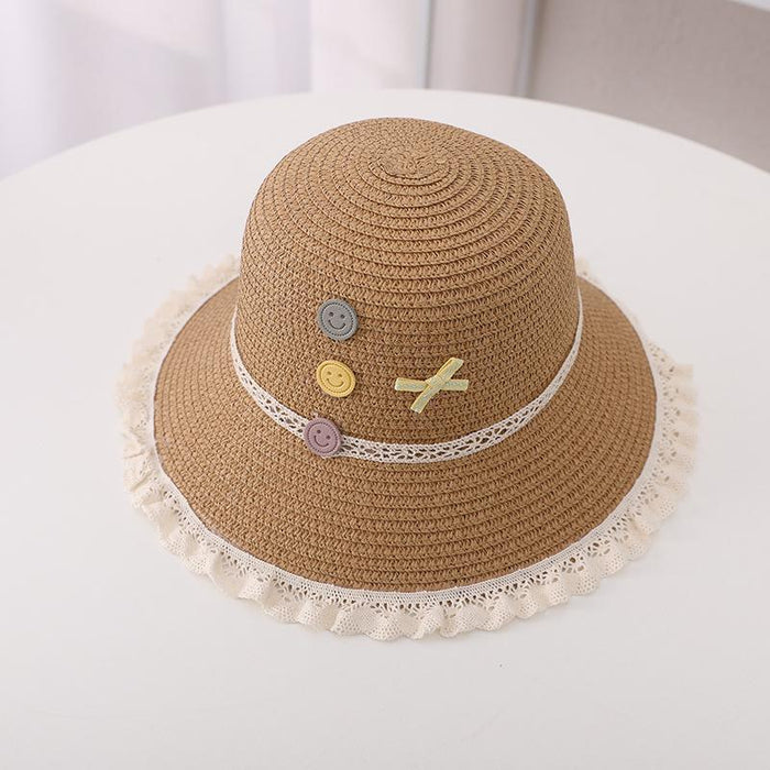 Trendy Three-color Button Children's Lace Straw Hat Bag Set