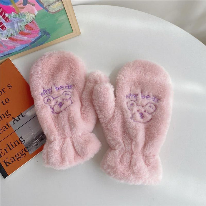 Bear Embroidery Soft Plush Gloves Women Winter Warm