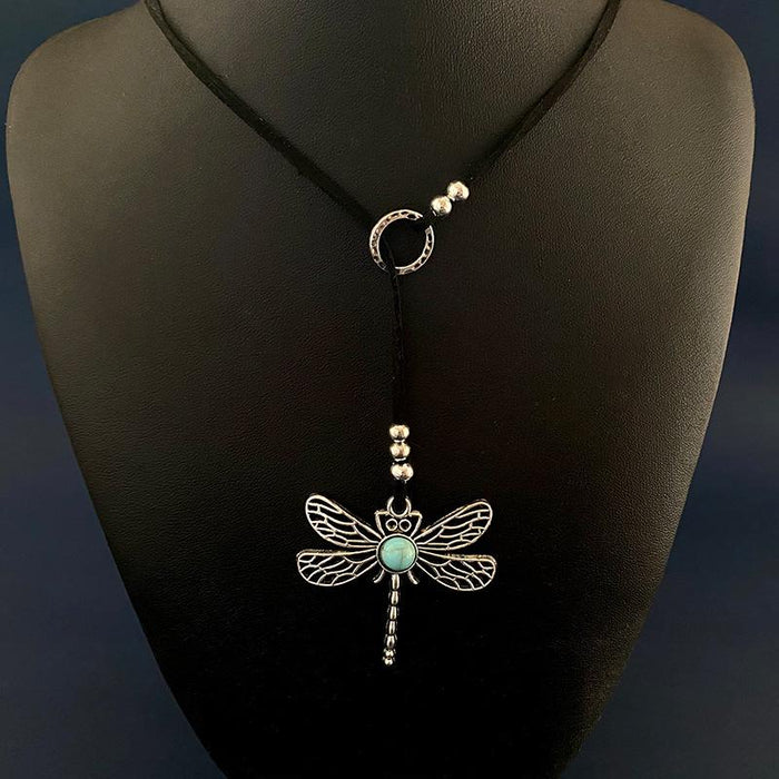 Bohemian Dragonfly Turquoise Vintage Leather Rope Necklace