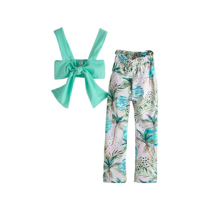Girl's green printed coconut tree suspender two pieces