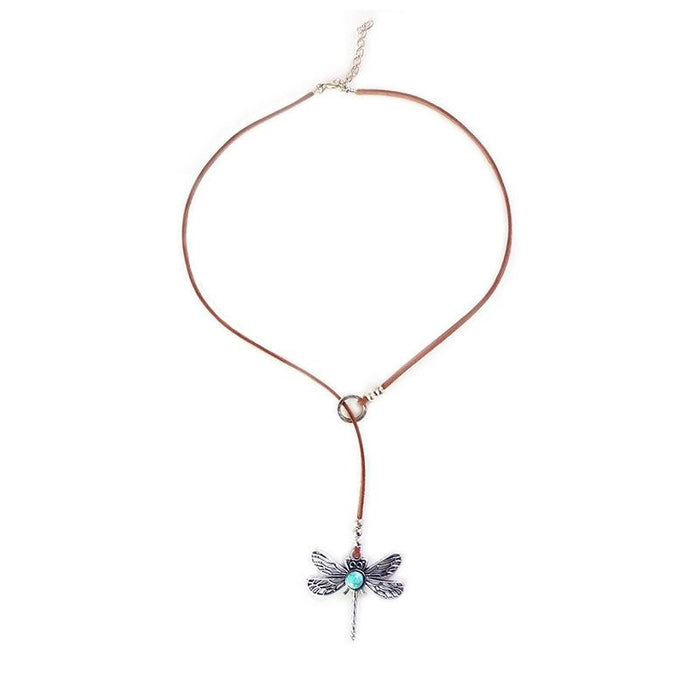 Bohemian Dragonfly Turquoise Vintage Leather Rope Necklace