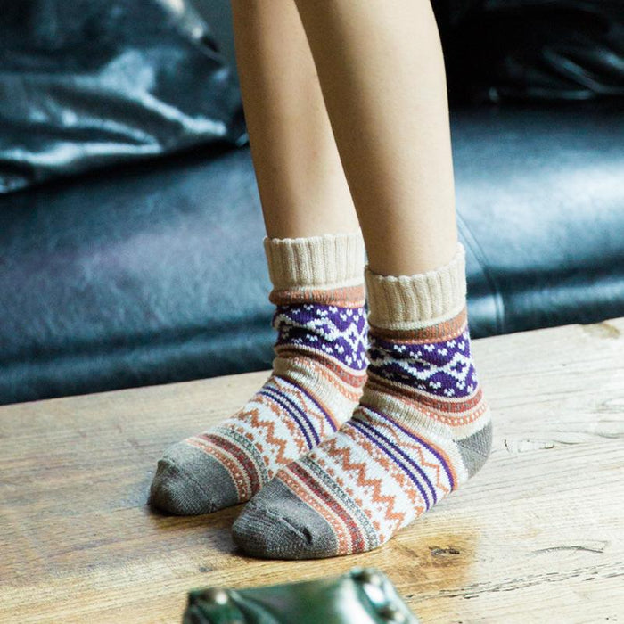 5 Pairs Winter Thick Warm Wool Women Cross Flower Socks