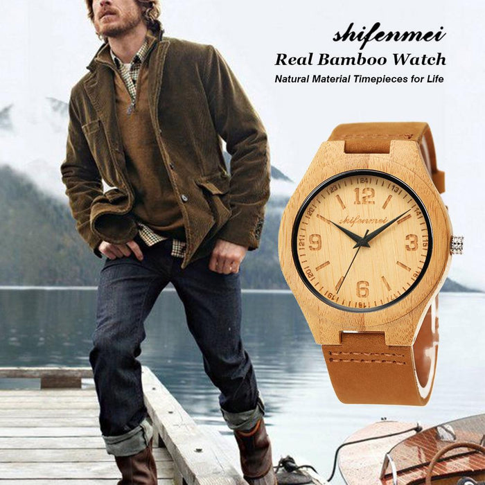 Men's Fashion Simple Bamboo Wood Watch Classic Leather Strap Quartz Watch