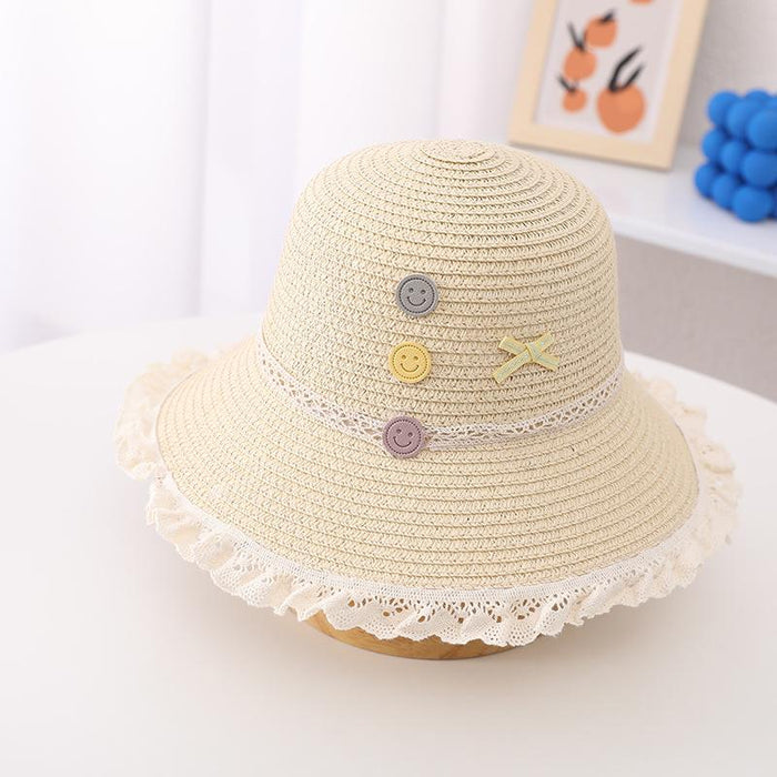 Trendy Three-color Button Children's Lace Straw Hat Bag Set