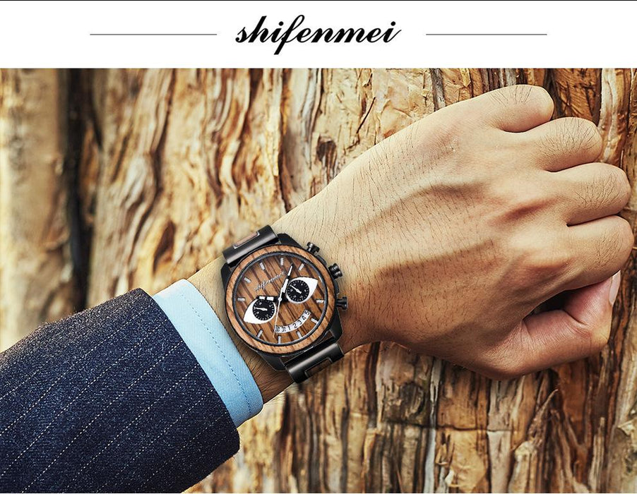New Men's Wooden Fashion Smiling Face Steel Band Wristwatch