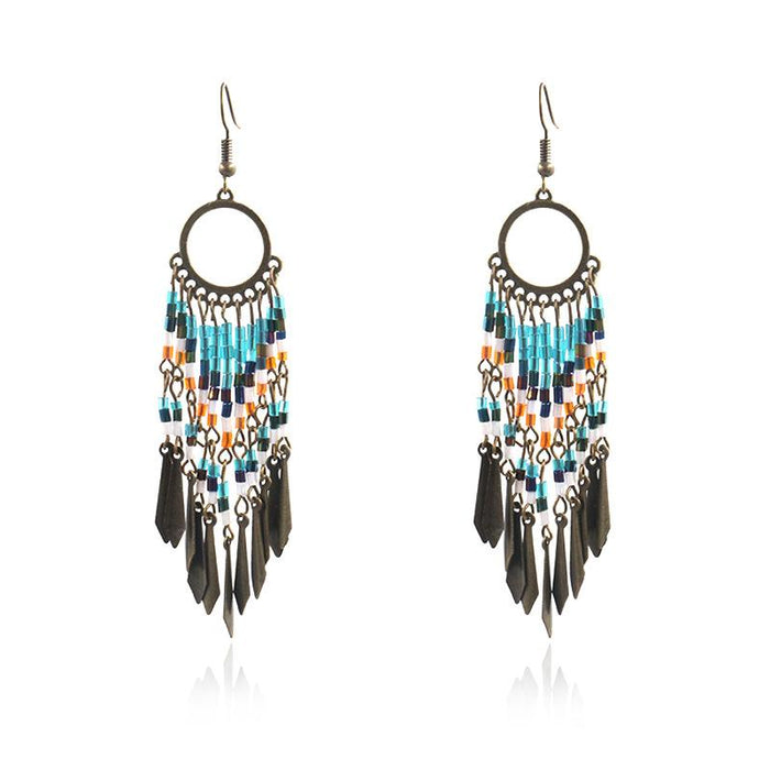 Women's Bohemian Round Hollow Bead Tassel Earrings
