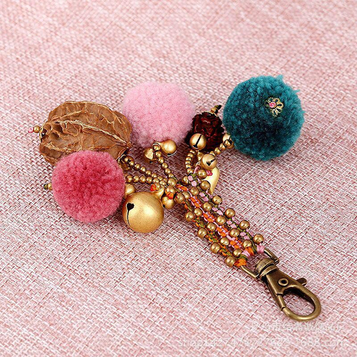 Bohemian Style Handmade Plush Ball Bag Pendant Woven Car Keychains