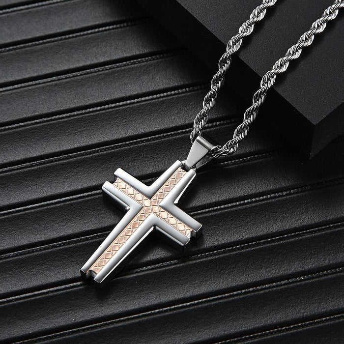 Carved Checkered Polished Stainless Steel Cross Necklace