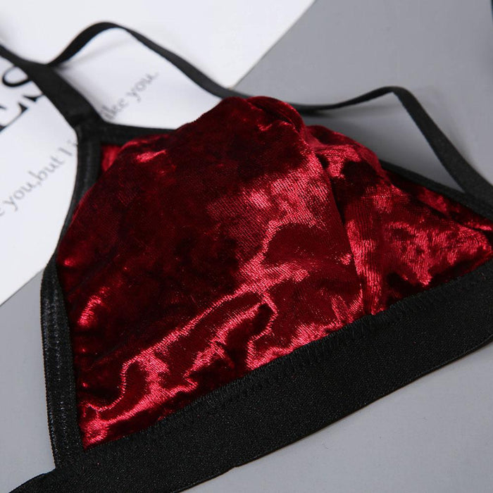 Women's Velvet Lingerie Sexy Lace Underwear Three-piece Set